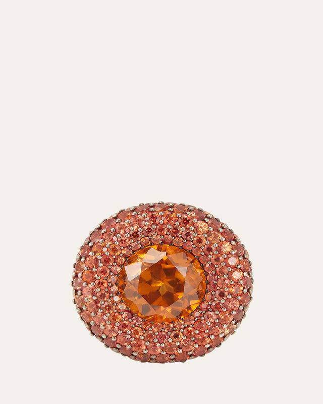 One of a Kind 18K Yellow Gold and Silver Ring with Orange Zircon and Sapphires, Size 5.75